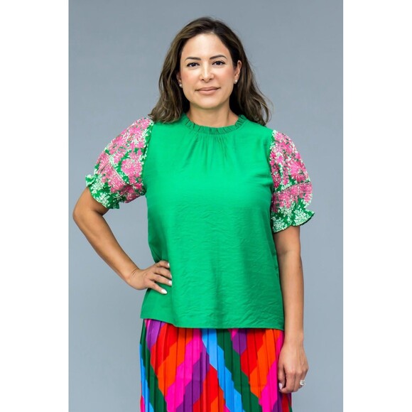 THML Embroidered Puff Sleeve Top Ruffle Neck Button Back Green Pink SMALL EUC - Picture 1 of 13